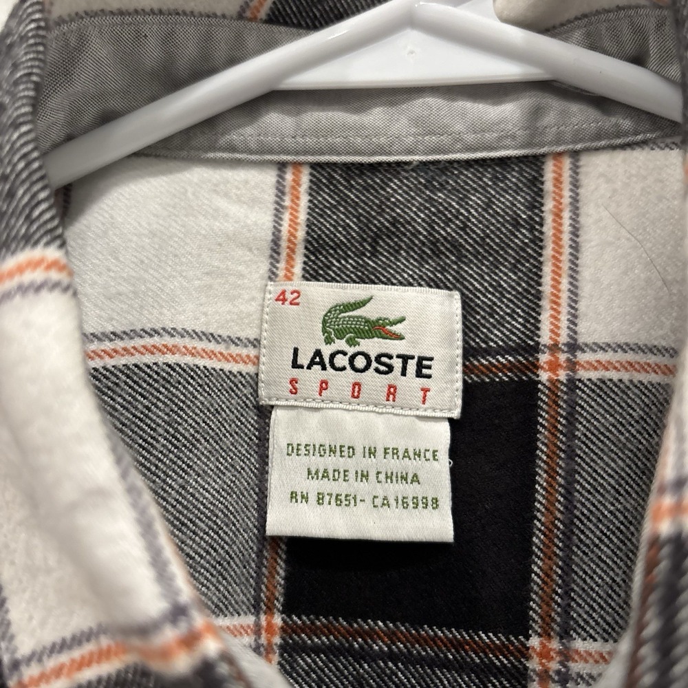 Lacoste Sport Flannel Shirt Men's 42 Black White Plaid Long Sleeve Button Up - Picture 6 of 8